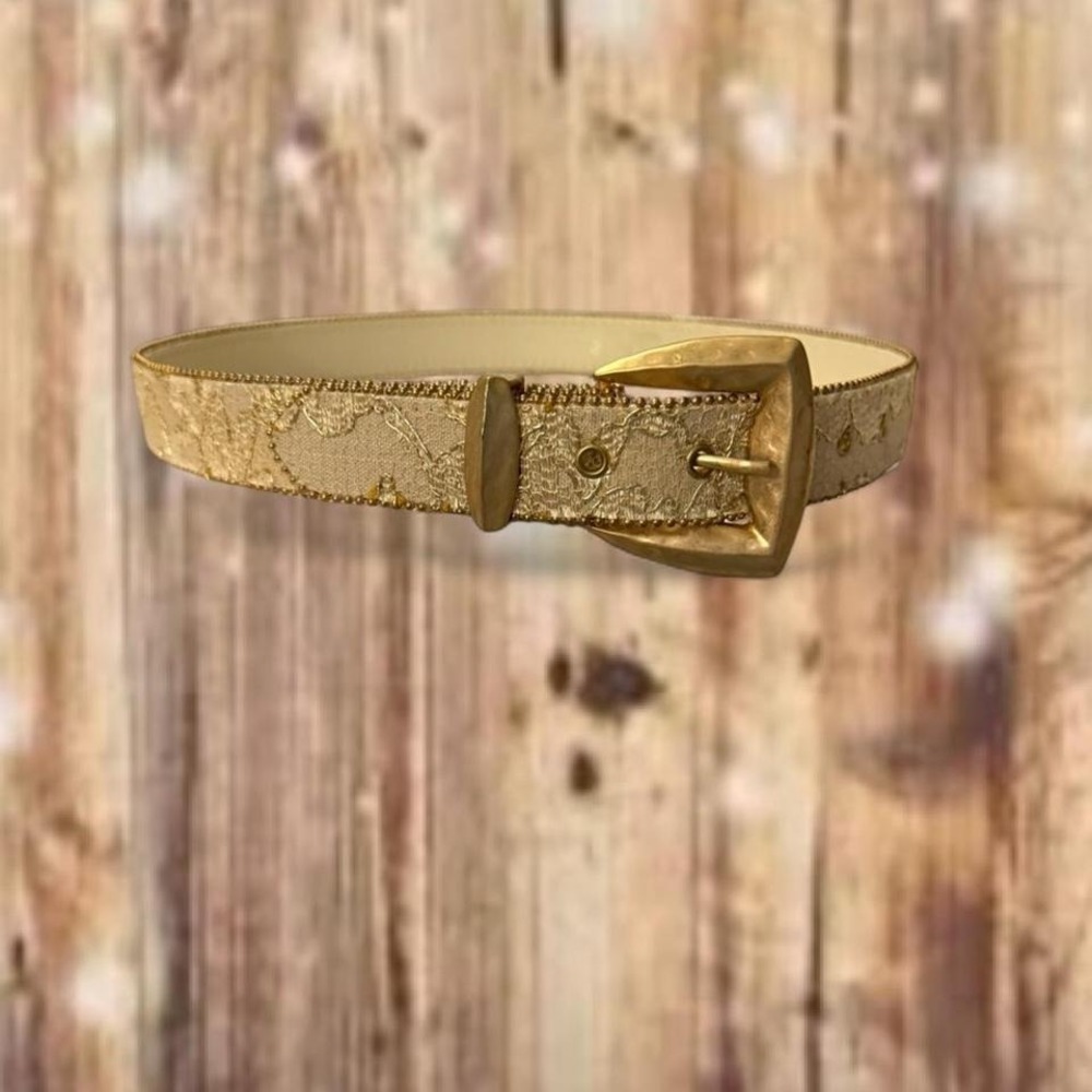 Vintage Western Lace Overlay Belt by Elite – Textured Gold-Tone Buckle‎ | Size M